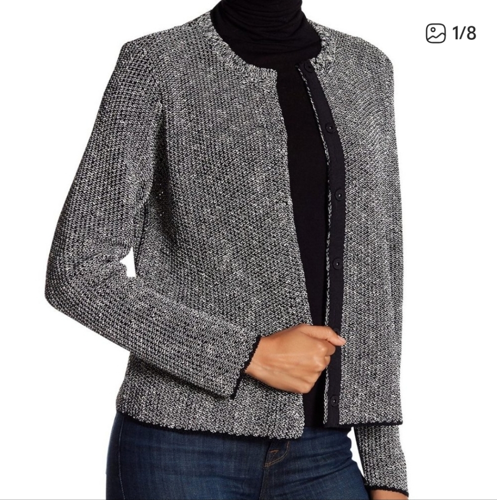 Eileen Fisher Organic Linen And Cotton Black White Knit Snap Cardigan Small